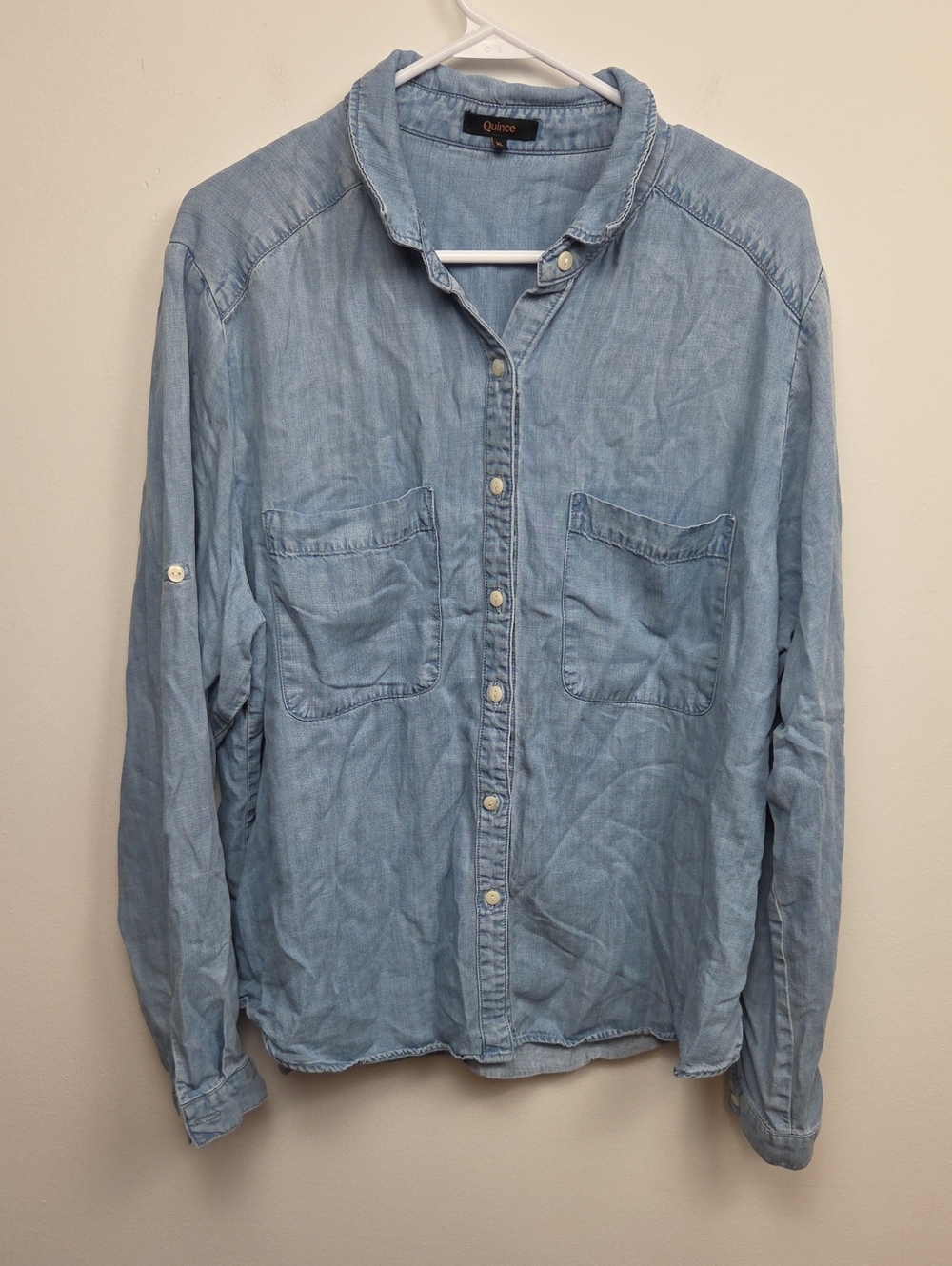Quince Chambray Tencel Light Blue Distressed Denim Button Down Casual Shirt XL